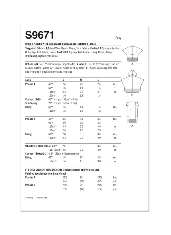 Simplicity Sewing Pattern S9671 PONCHO WITH DETACHABLE HOOD AND WHEELCHAIR BLANKET