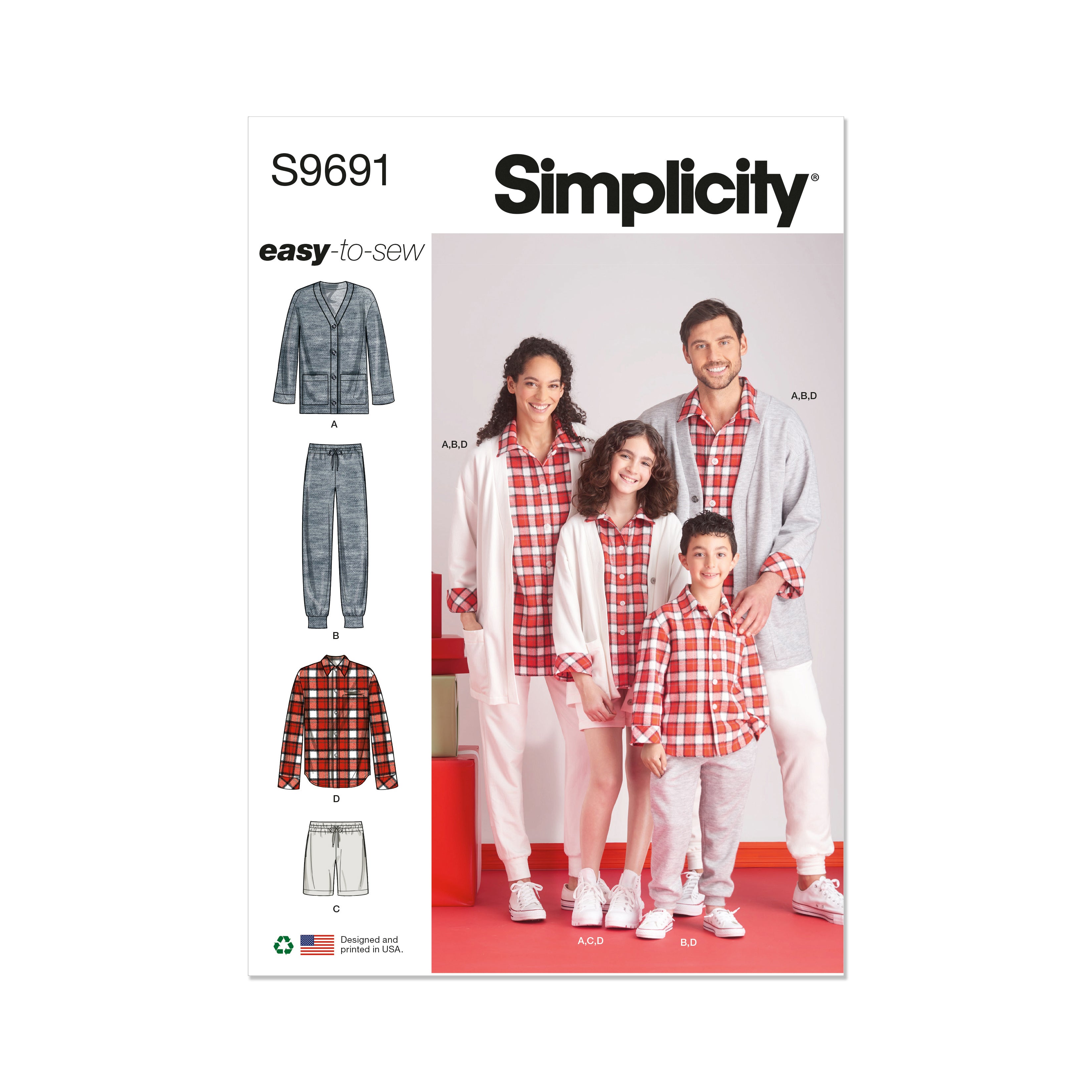 Patrón de costura Simplicity S9691 CAMISA DE CASACA, CÁRDIGAN, PANTALONES CORTOS Y JOGGERS PARA NIÑAS, NIÑOS Y ADULTOS