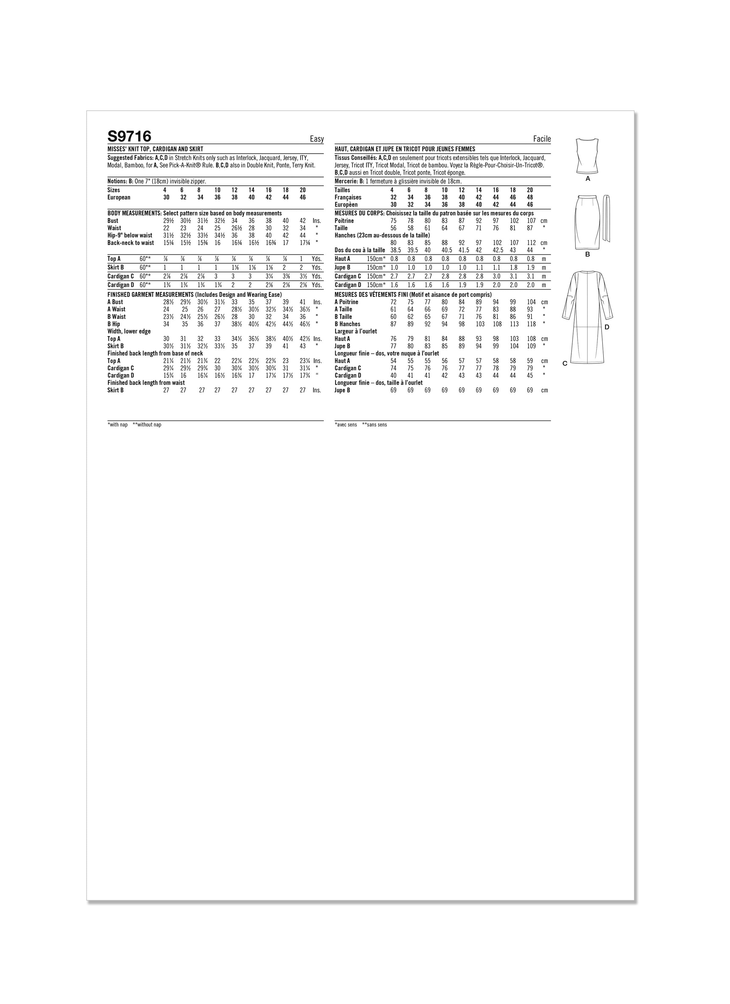 Simplicity Sewing Pattern S9716 MISSES' KNIT TOP, CARDIGAN AND SKIRT