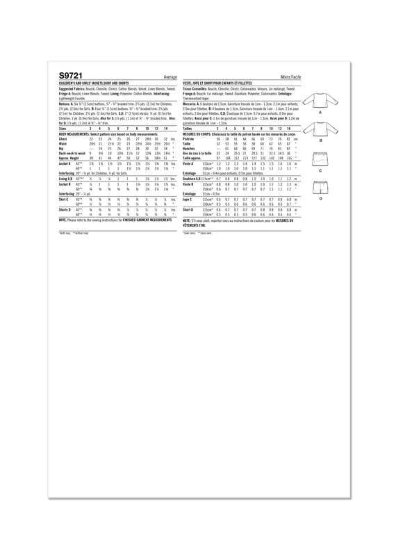 Patrón de costura Simplicity S9721 CHAQUETAS, FALDAS Y PANTALONES CORTOS PARA NIÑOS Y NIÑAS