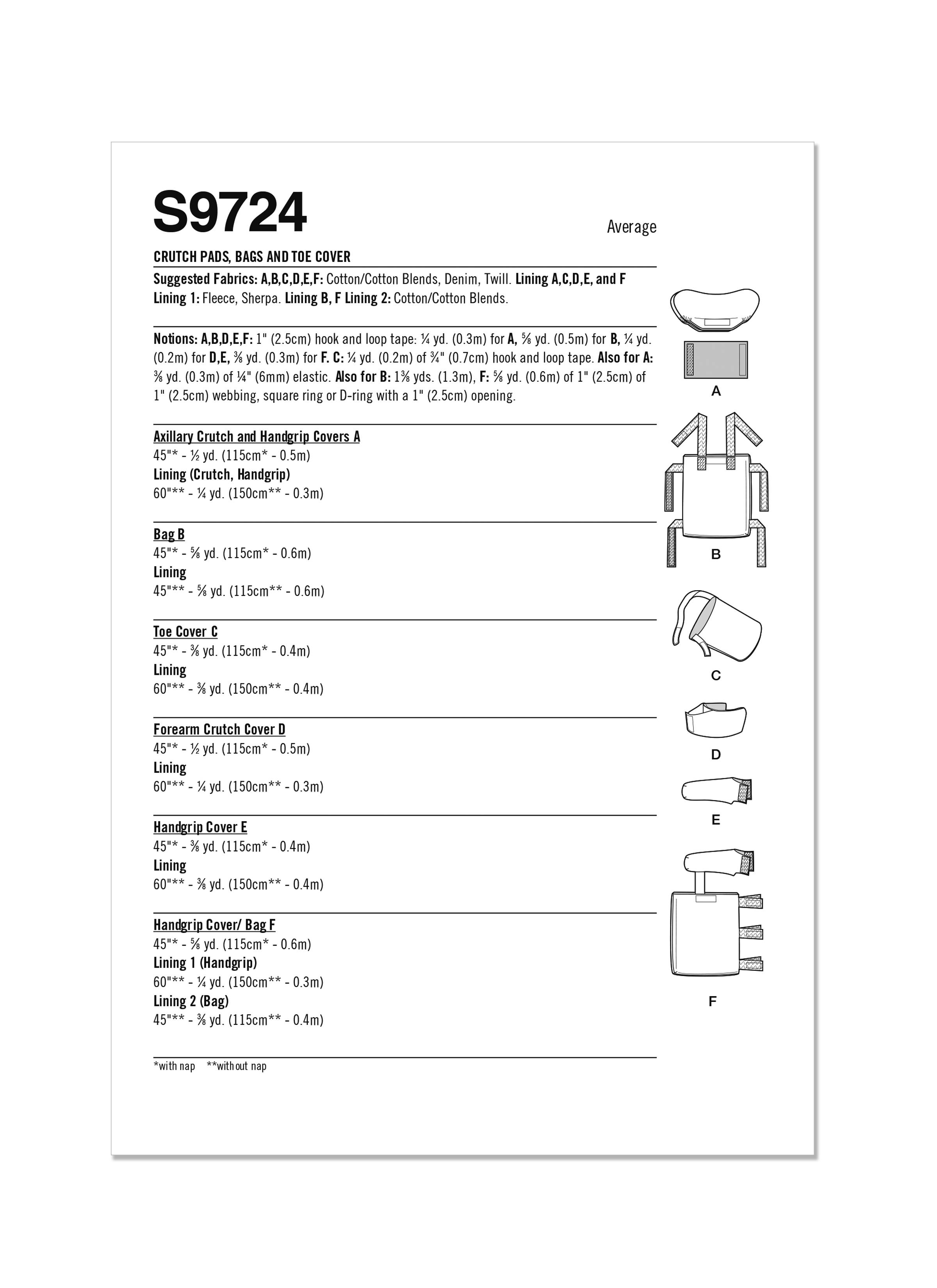 Simplicity Sewing Pattern S9724 CRUTCH PADS, BAG AND TOE COVER