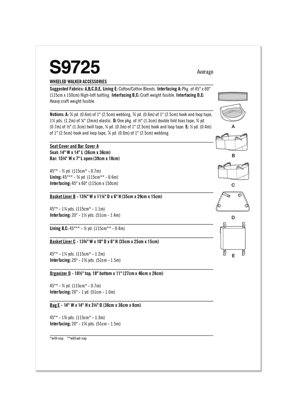 Simplicity Sewing Pattern S9725 WHEELED WALKER ACCESSORIES