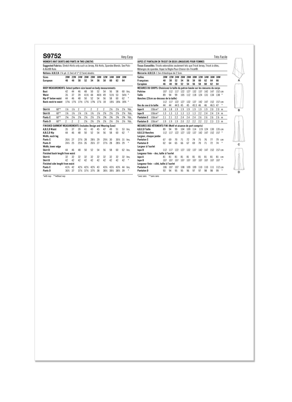 Simplicity Sewing Pattern S9752 WOMEN'S KNIT SKIRTS AND PANTS IN TWO LENGTHS