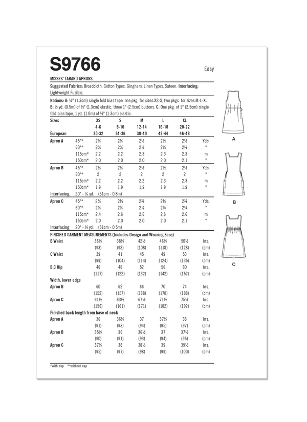 Simplicity Sewing Pattern S9766 MISSES' TABARD APRONS BY ELAINE HEIGL DESIGNS