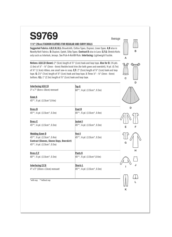 Simplicity Sewing Pattern S9769 11 1/2" FASHION CLOTHES FOR REGULAR AND CURVY SIZE DOLLS BY ANDREA SCHEWE DESIGNS