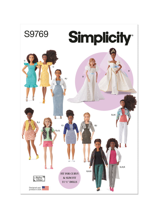 Simplicity Sewing Pattern S9769 11 1/2" FASHION CLOTHES FOR REGULAR AND CURVY SIZE DOLLS BY ANDREA SCHEWE DESIGNS