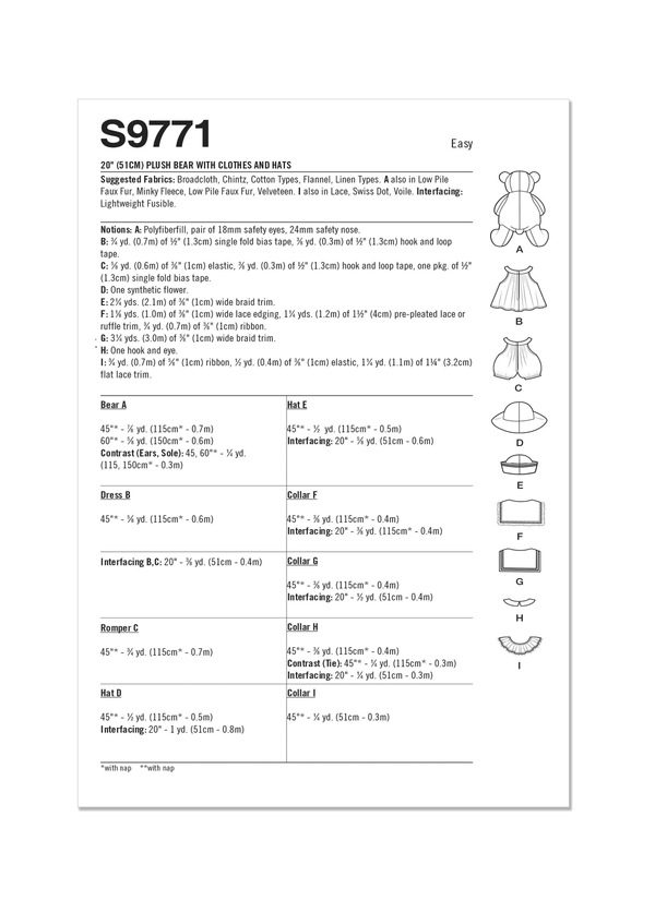 Simplicity Sewing Pattern S9771 PLUSH BEAR WITH CLOTHES AND HATS BY LAURA ASHLEY