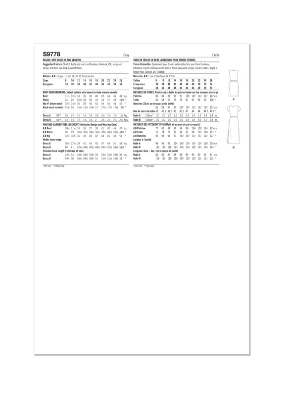 Simplicity Sewing Pattern S9778 MISSES' KNIT DRESS IN TWO LENGTHS BY MIMI G STYLE