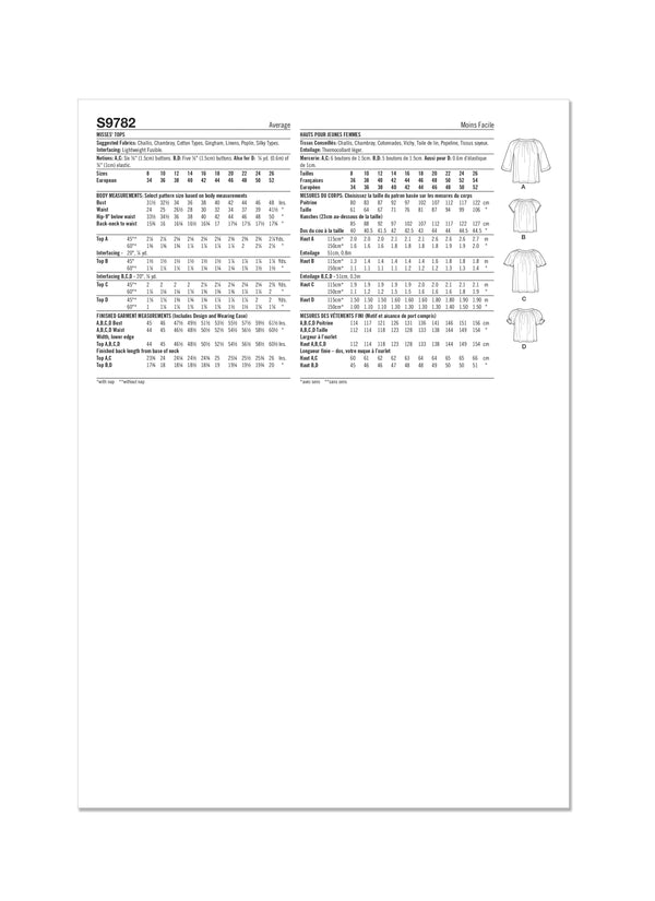 Simplicity Sewing Pattern S9782 MISSES' TOPS