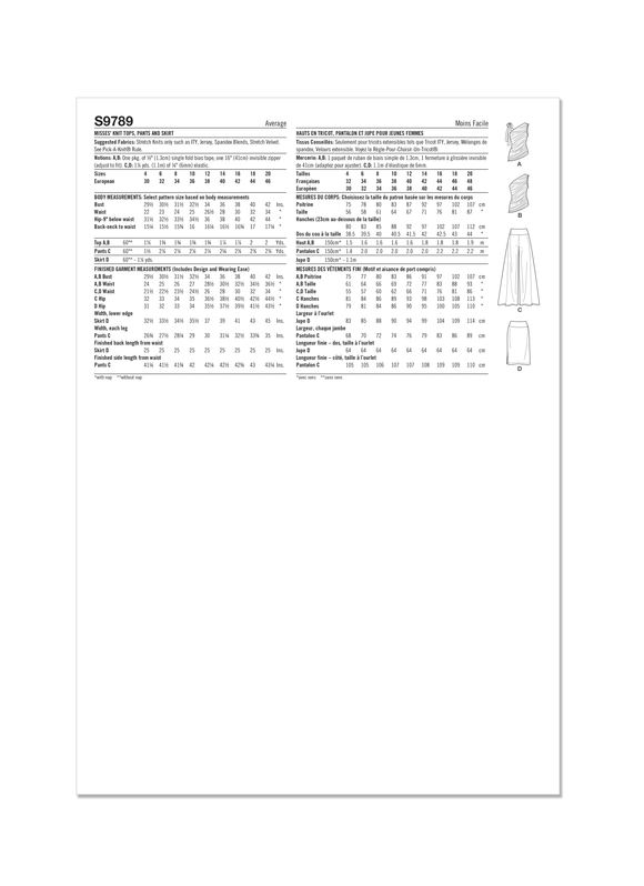 Simplicity Sewing Pattern S9789 MISSES KNIT TOPS, PANTS AND SKIRT