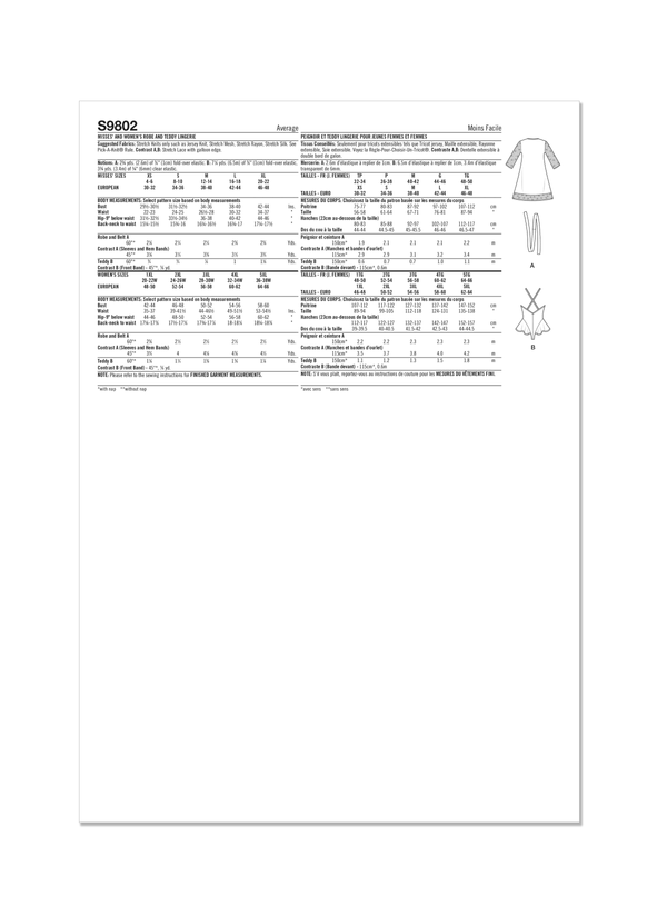 Simplicity Sewing Pattern S9802 MISSES' AND WOMEN'S ROBE WITH BELT AND TEDDY LINGERIE BY MADALYNNE INTIMATES