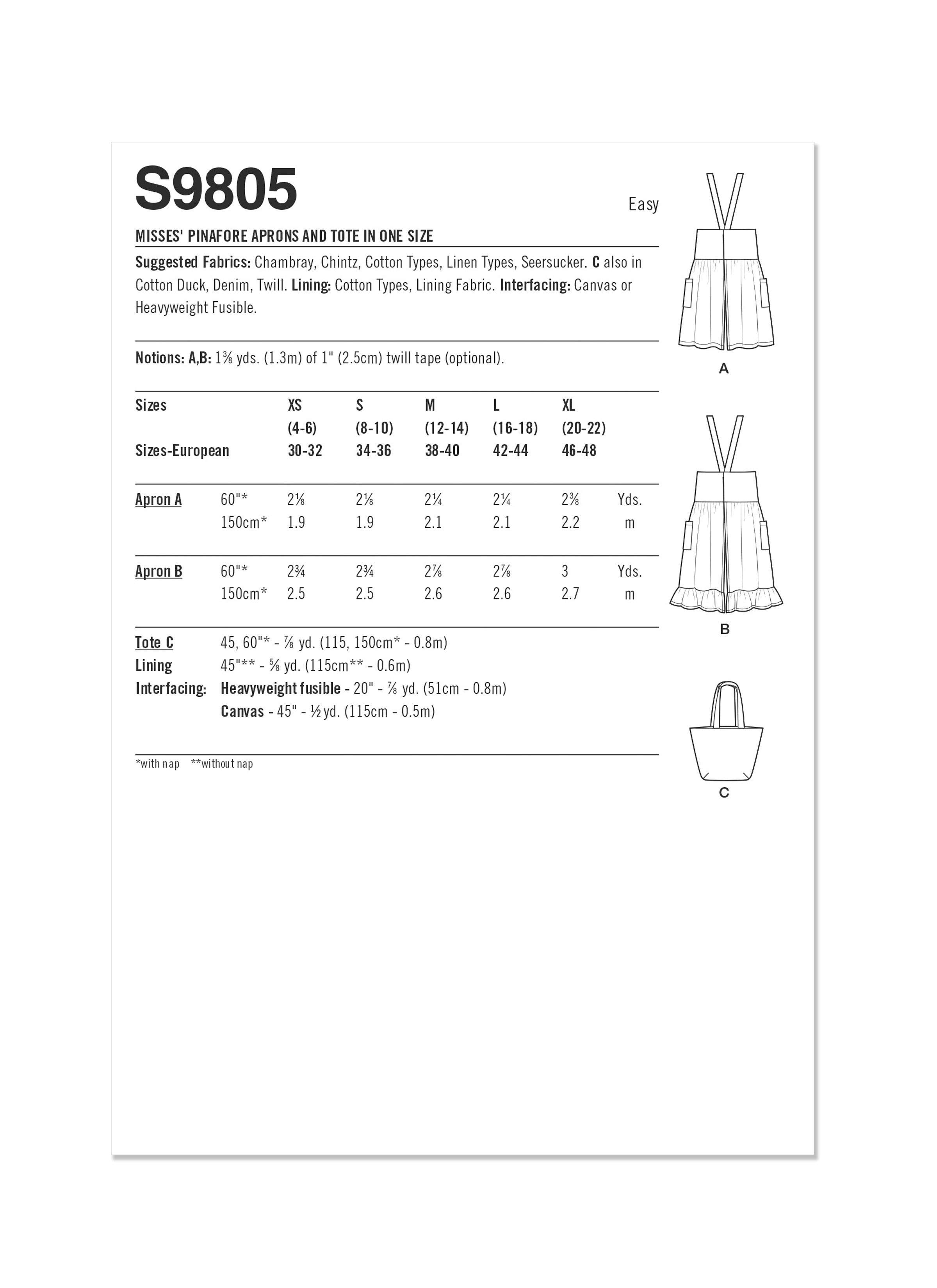 Simplicity Sewing Pattern S9805 MISSES' PINAFORE APRONS AND TOTE IN ONE SIZE