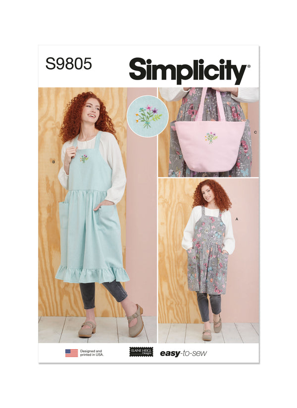 Simplicity Sewing Pattern S9805 MISSES' PINAFORE APRONS AND TOTE IN ONE SIZE