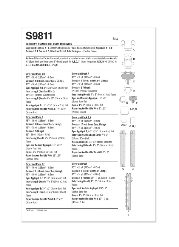 Simplicity Sewing Pattern S9811 CHILDREN'S WARM OR COOL PACKS AND COVERS