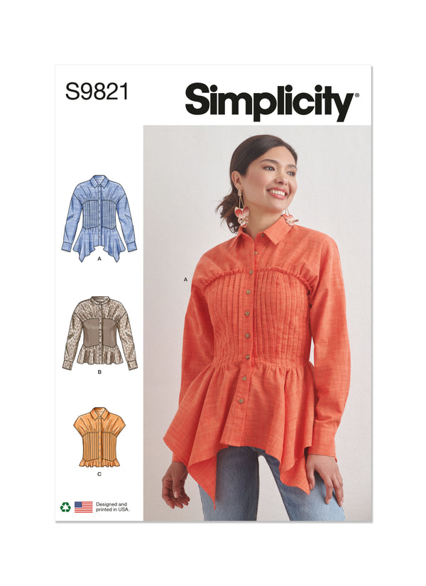 Simplicity Sewing Pattern S9821 MISSES' BLOUSE WITH COLLAR, SLEEVE AND HEMLINE VARIATIONS