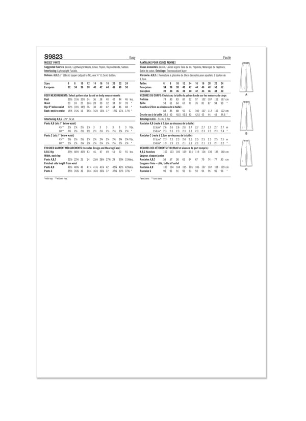 Simplicity Sewing Pattern S9823 MISSES' PANTS