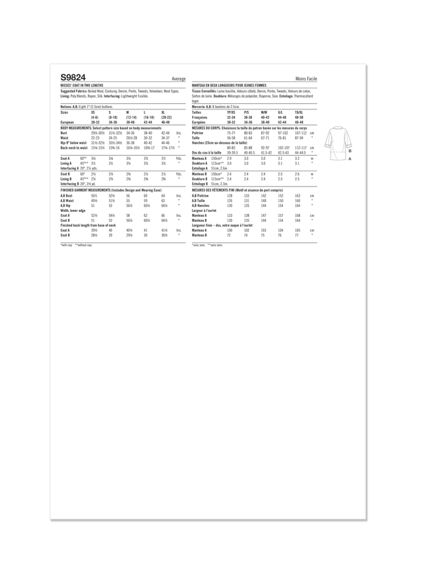 Simplicity Sewing Pattern S9824 MISSES' COAT IN TWO LENGTHS