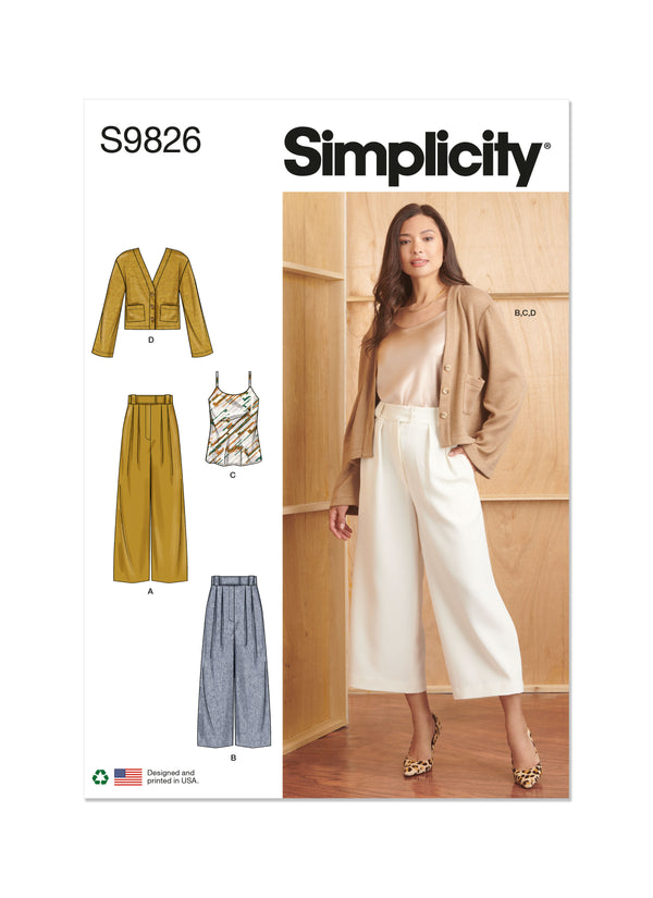 Simplicity Sewing Pattern S9826 MISSES' PANTS IN TWO LENGTHS, CAMISOLE AND CARDIGAN