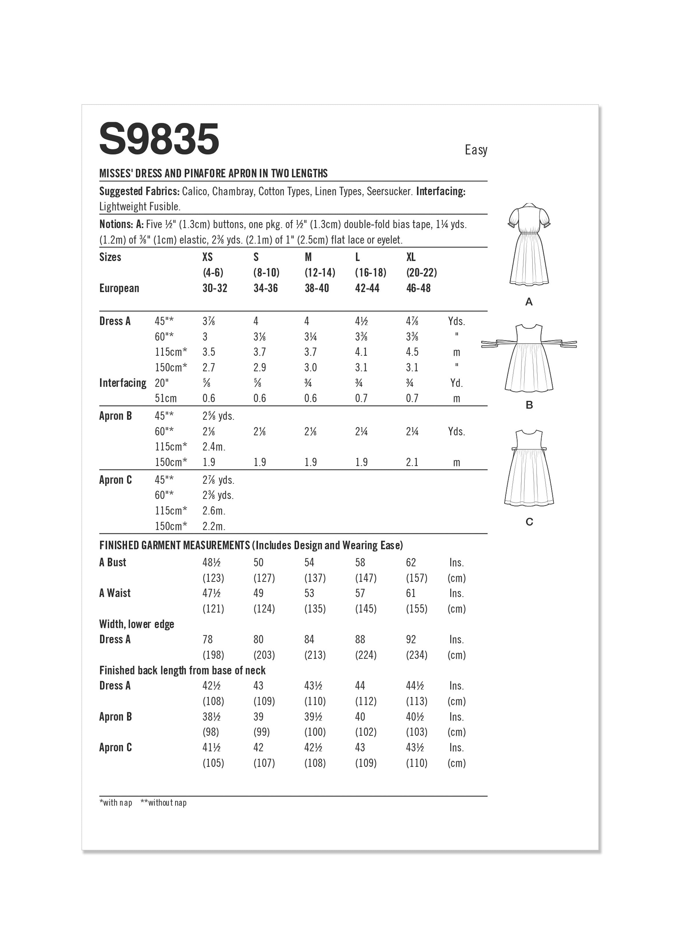 Simplicity Sewing Pattern S9835 MISSES' DRESS AND PINAFORE APRON IN TWO LENGTHS