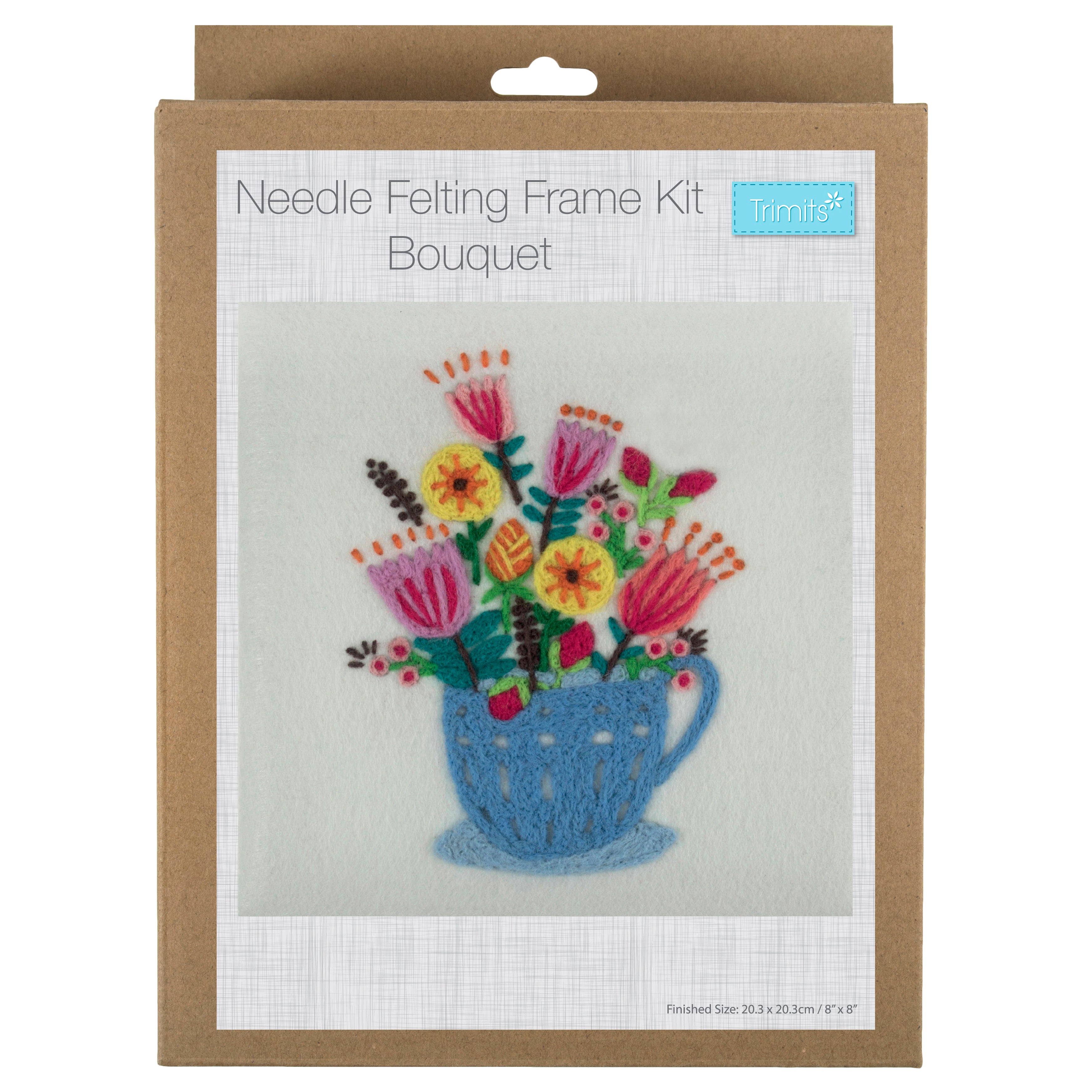 Trimits Needle Felting Kit with Frame Ð Bouquet, 20.3x20.3cm, Includes Wooden Frame, Felting Tool, Wool, Instructions in EN, FR, GER