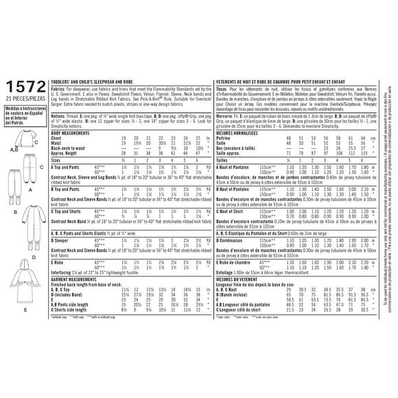 Patrón de costura Simplicity 1572 Ropa de dormir y bata para bebés y niños