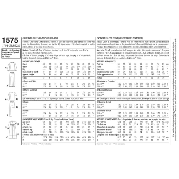 Simplicity Sewing Pattern 1575 Child’s, Girl’s and Boy’s Loungewear