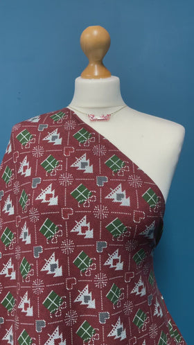 Dark Red Xmas Tree Print French Terry Brushed Back - 0