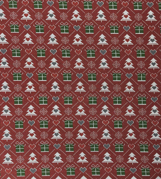 Dark Red Xmas Tree Print French Terry Brushed Back