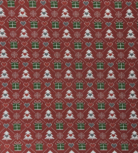 Fabriques Dark Red Xmas Tree Print French Terry Brushed Back