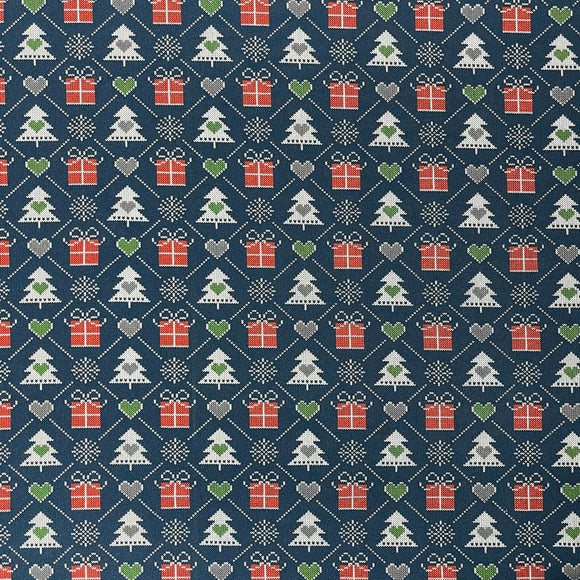 Navy Blue Xmas Tree Print French Terry Brushed Back