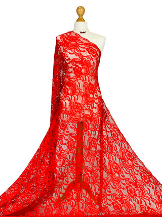 Compra rosso Tessuto elasticizzato a 2 vie in pizzo floreale smerlato all&#39;uncinetto
